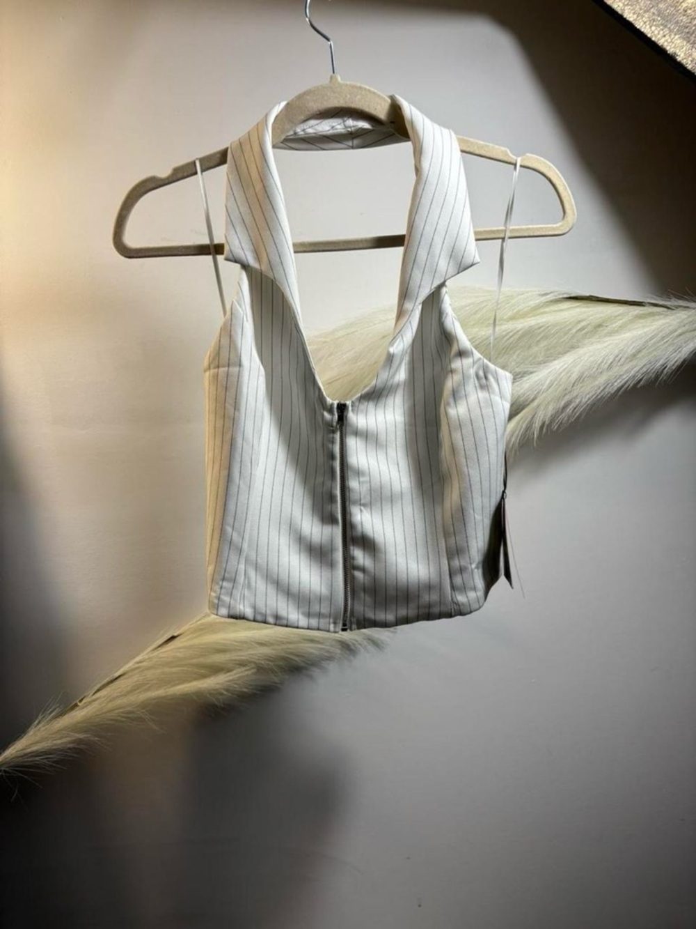 (#47) White Pinstripe Halter Zip-Front Crop Top